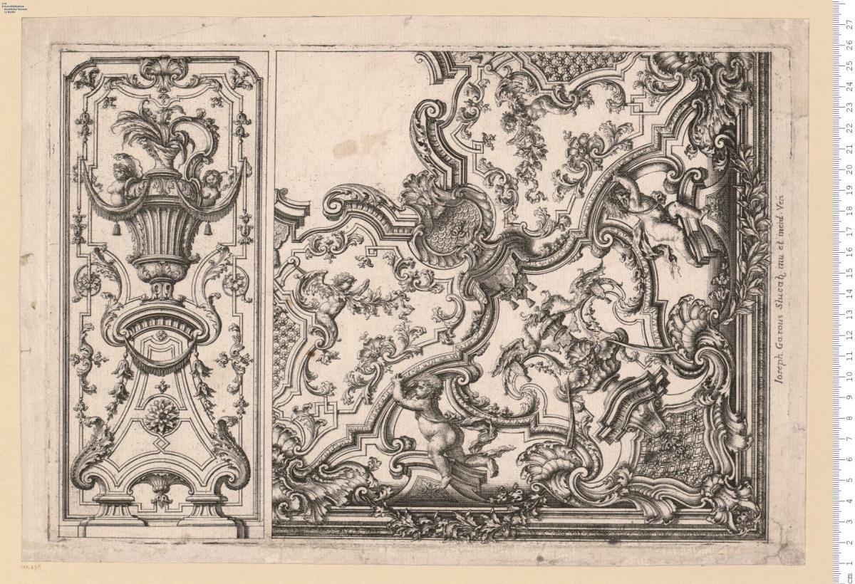 4 Bl. aus: Raccolta di varj disegni de soffitti in uolta stanze sale gallerie con ornamenti di pareti (?) fregi . Parte prima . Venezia 1743, bez: Joseph Garoui Stucat inv; et incid. Ven.