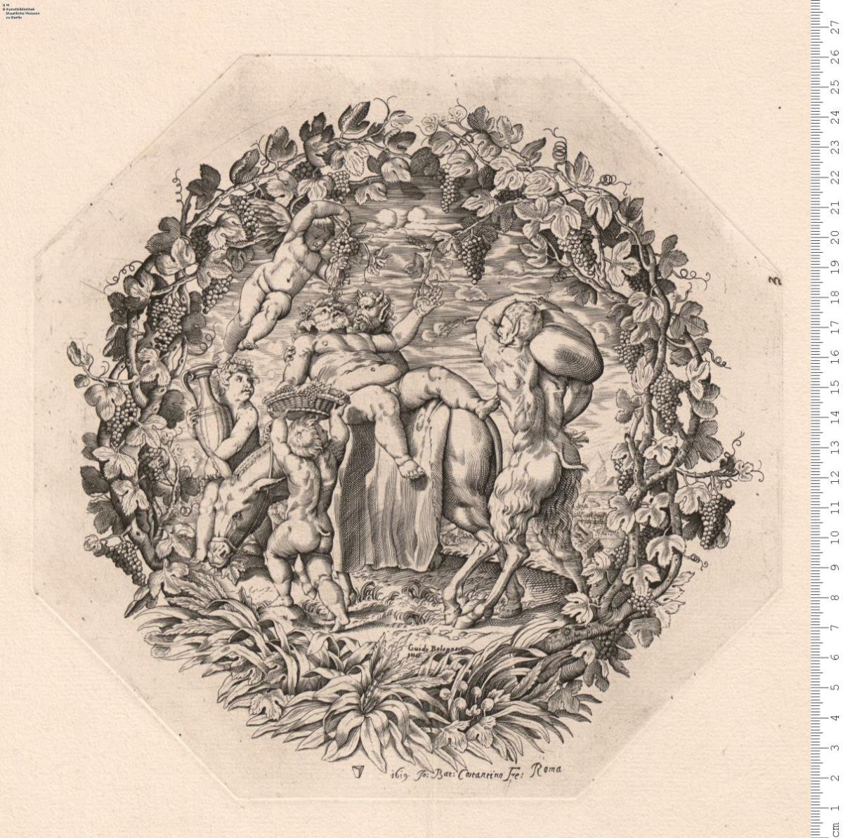 1 Blatt Schalenboden (Achteck): Trunkener Silen auf Esel, von Faun und Putten umgeben, in der Umrahmung Weinranken