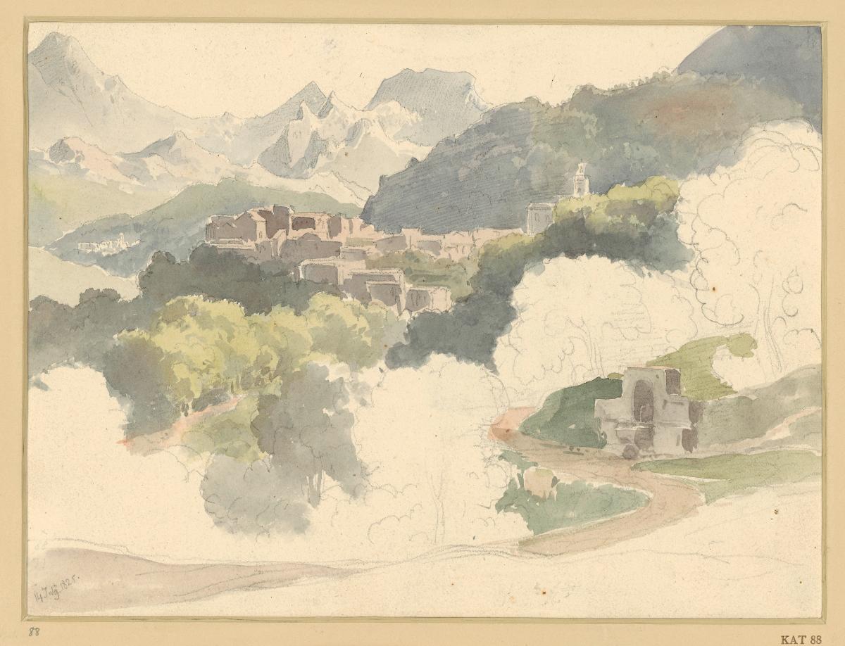 Italienische Gebirgslandschaft, im Mittelgrund eine Ortschaft