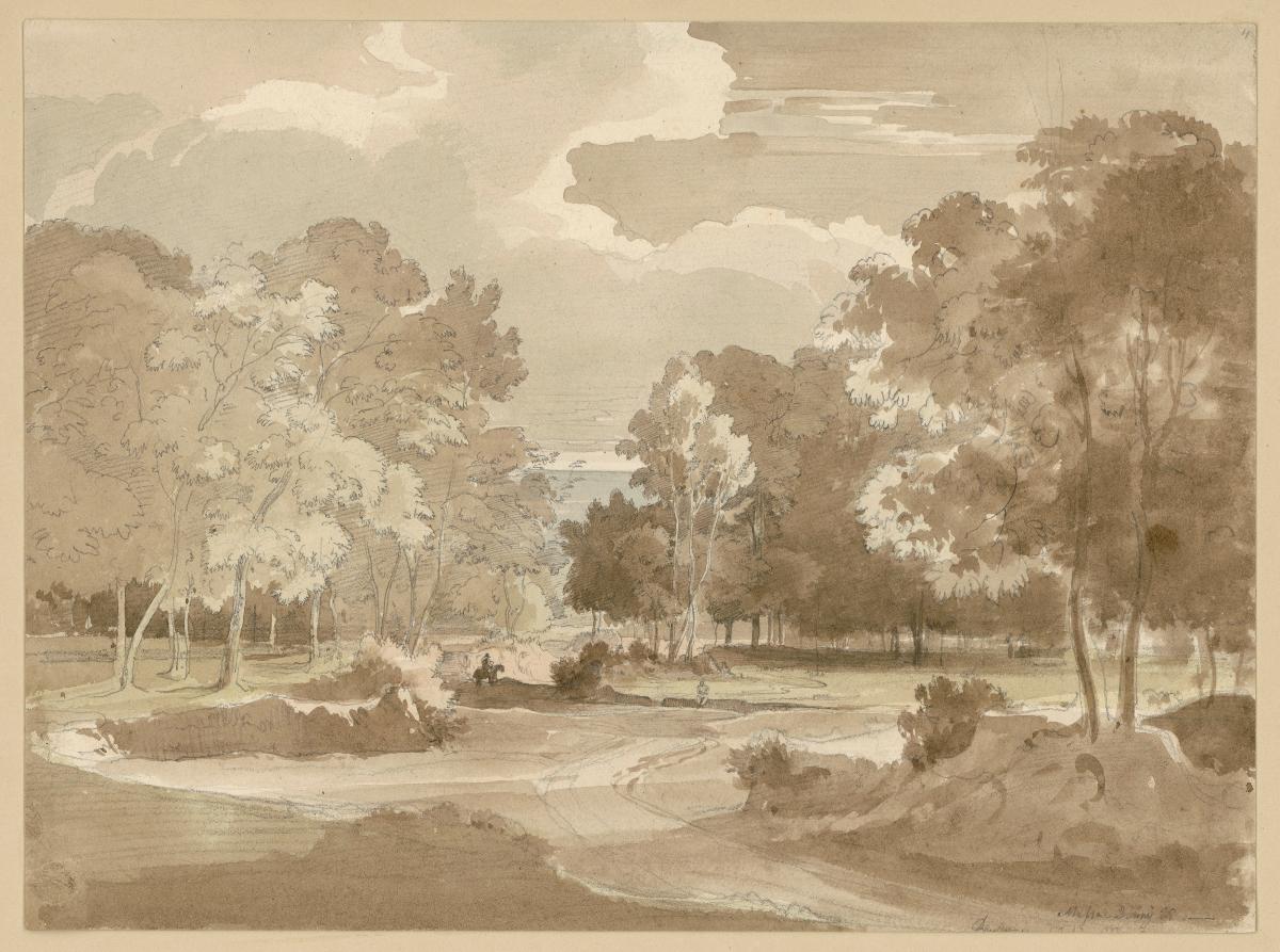 Waldlandschaft, auf dem Weg ein Reiter und sitzende Figur bei Massa