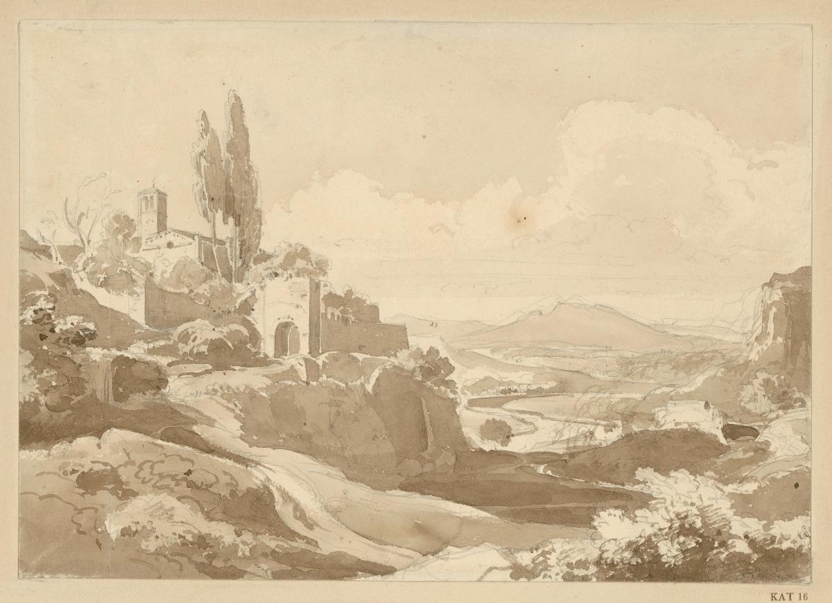 Landschaft in den Albanerbergen, auf der Anhöhe links ein Tor und eine Kirche
