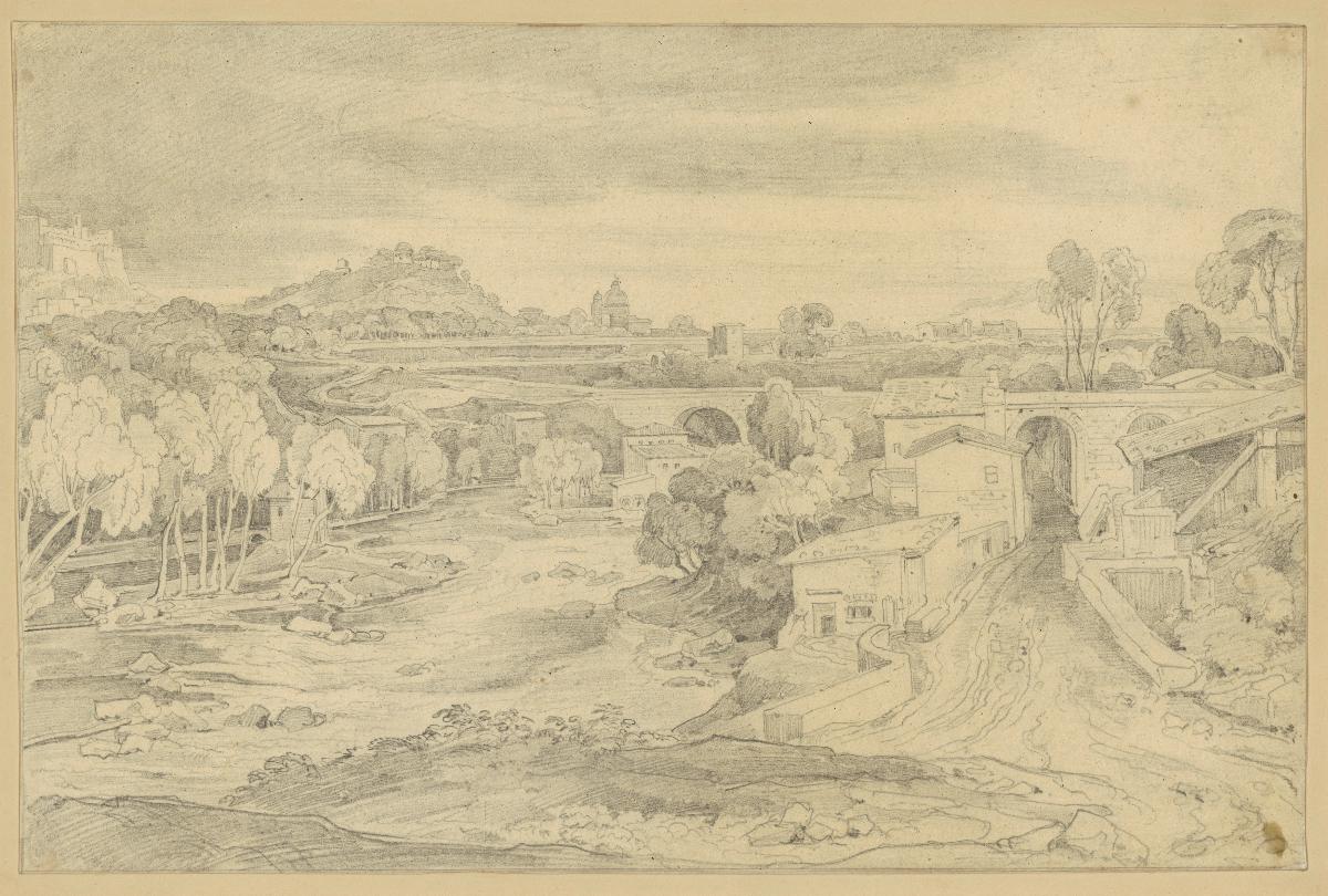 Italienische Landschaft mit Waldung und kleinem Ort am Fluss