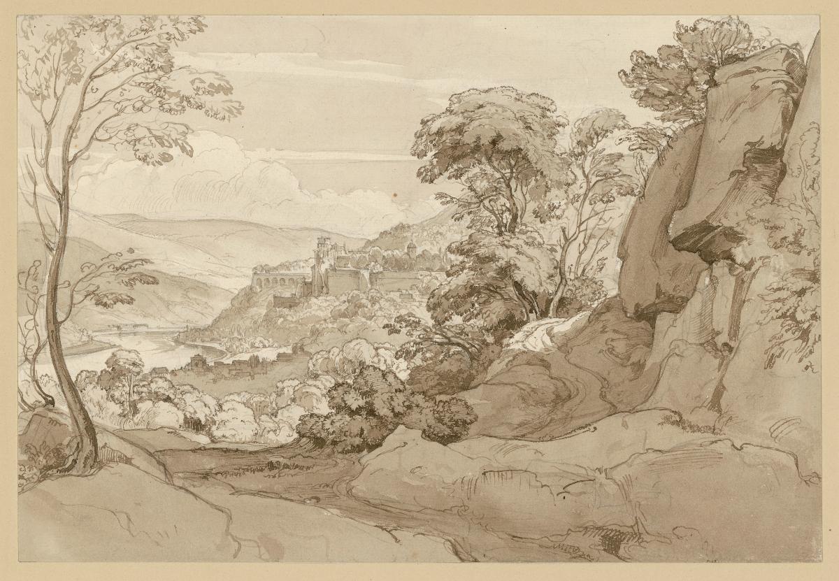 Blick auf das Schloss in Heidelberg, vorn ein Felshang