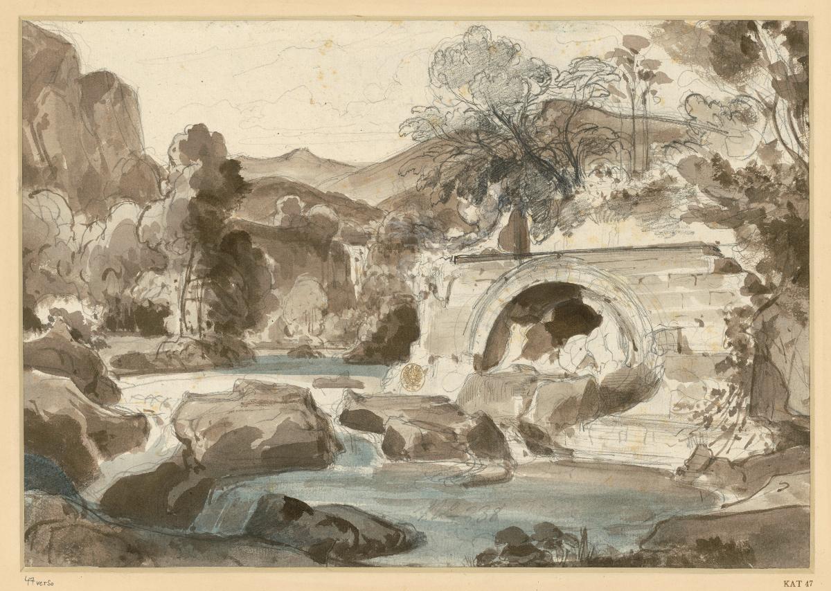 Flusslandschaft mit Bergen im Hintergrund, vorn rechts Rundbogen in einem Gemäuer