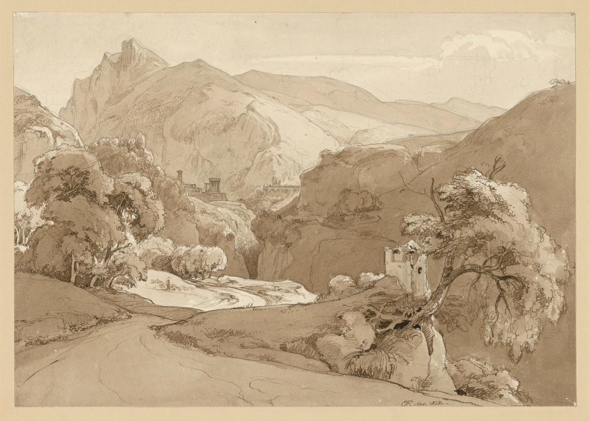Italienische Gebirgslandschaft, im Mittelgrund Ruine eines Rundtempels