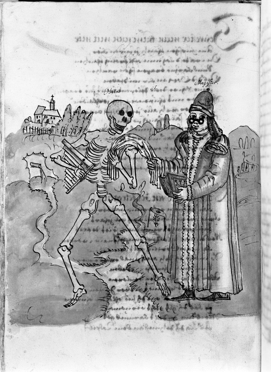 Totentanz für Wilhelm Werner, Graf zu Zimmern - Der Tod führt einen Magister über einen Bach