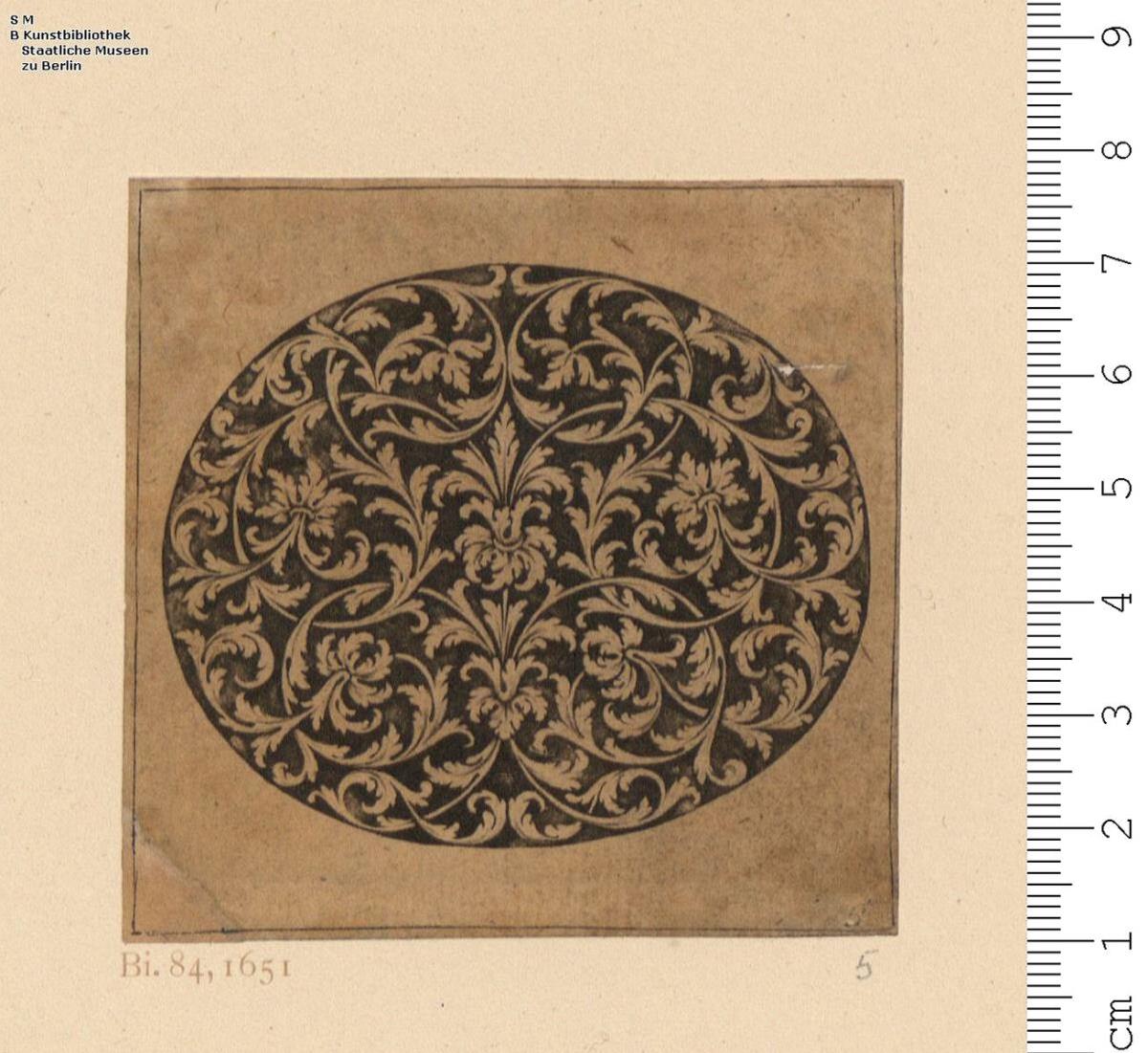 2 Blatt Schwarzornament mit Rankenwerk; Querovale
