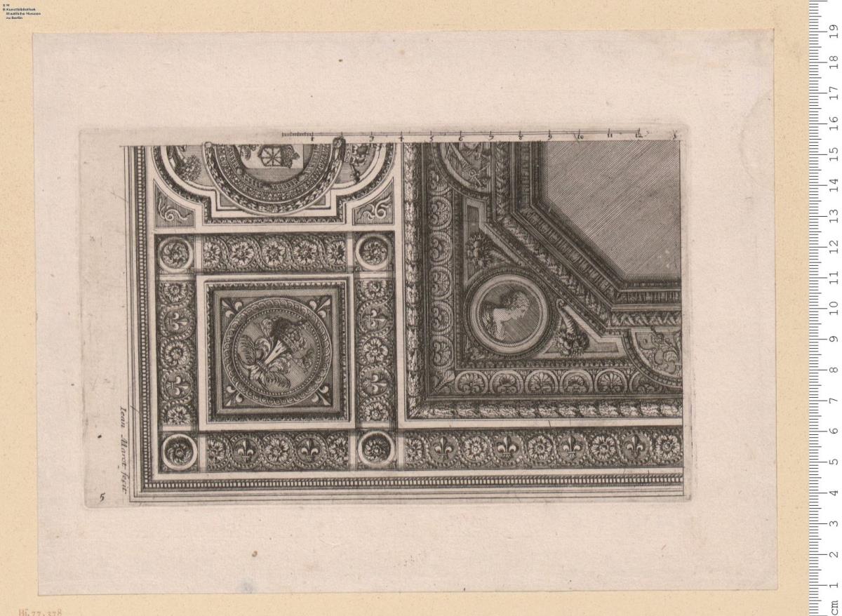 2 Bl. Decken aus der Folge OS 4005 (3), mit der Schrift, Nr. 2 u. 5, bez: Iean Marot fecit.