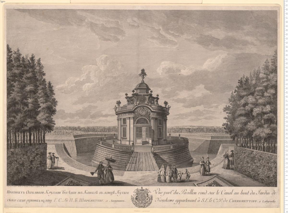 Folge: Ansichten der Wohn- und Gartengebäude und der Kirche in Kuskow im Besitze des Grafen P. v. Scheremetew