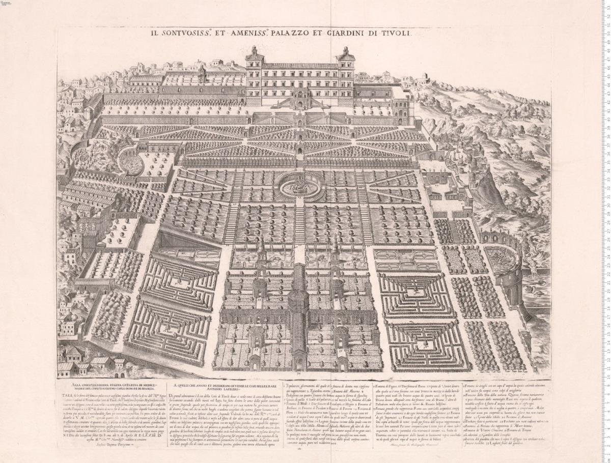 Il Sontvosiss.o Et Ameniss.o Palazzo Et Giardini Di Tivoli. Alla ... Regina Catarina Di Medici ... Roma ... 1573 ... Stefano Duperac ... (Rob.-Dum. 85. Neudruck der Calcografia Camerale)