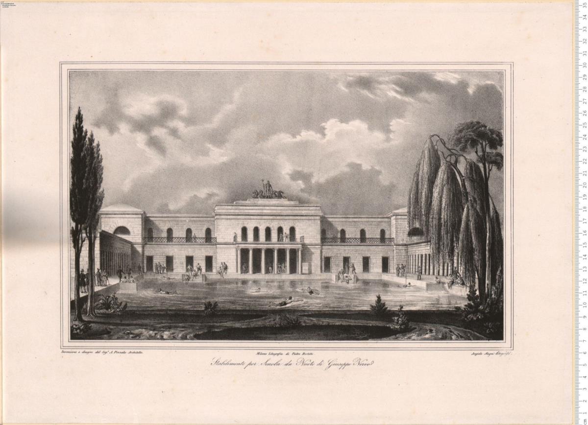 Stabilimento per Scuola da Nuoto di Giuseppe Nervo. Invenzione e disegno del Sig.r A. Pizzala ... Angiolo Magni litografò. Milano Litografia di Pietro Bertotti.