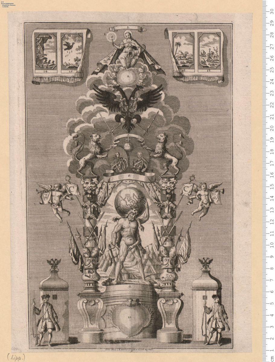 1 Bl. Aufbau für Festbeleuchtung vor dem Fuggerschen Haus oder vor dem des Vikariatspräsidenten von Zeill in Augsburg 1741. Elias Baeck a. H. delineavit sculpsit et excudit Aug. Vindel.