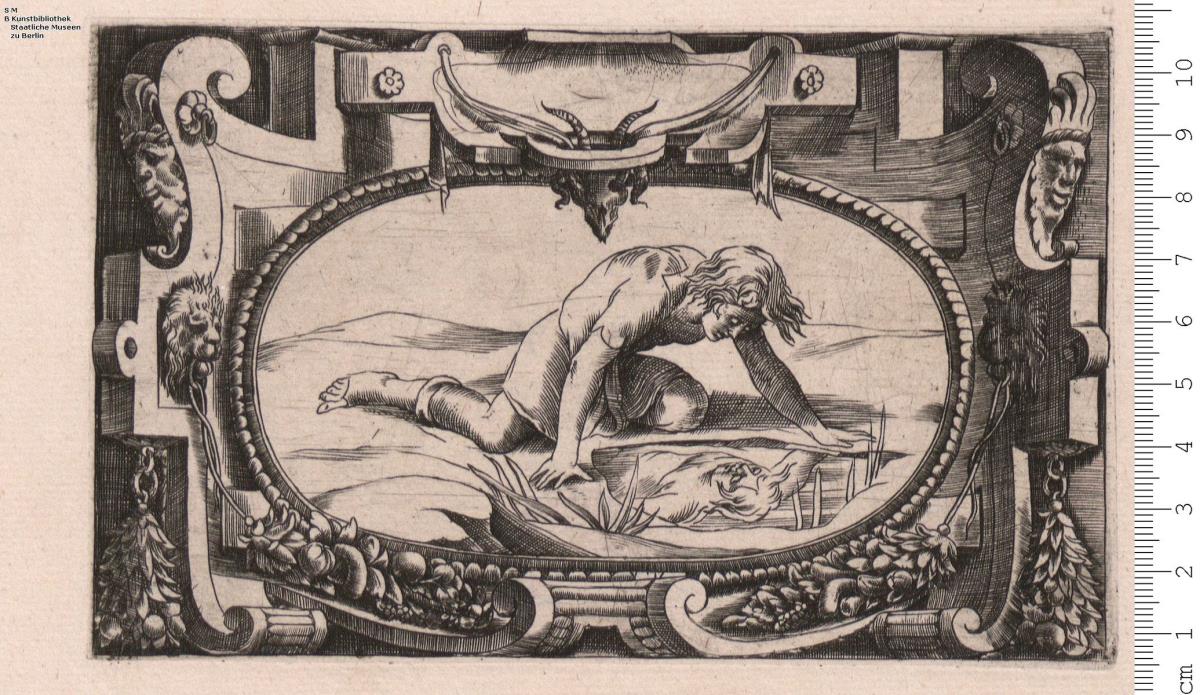 (1) Folge: Rollwerkkartuschen, inmitten mythologische und allegorische Gestalten; das erste Blatt mit Alphabet und dem Monogramm G R (zsgz.). B. 33; Bd. XV S. 490 Nr. 10 u. 11, S. 491 Nr. 12.