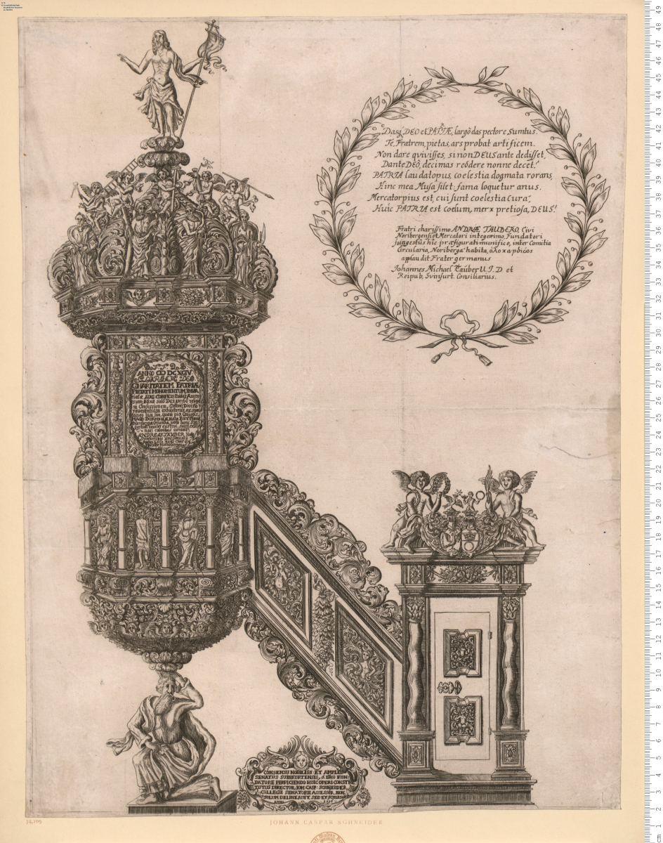 Kanzel der Johanniskirche in Schweinfurt. Ioh: Casp: Schneider ... Non Solum Delineauit, Sed Et Sculpsit 1696.