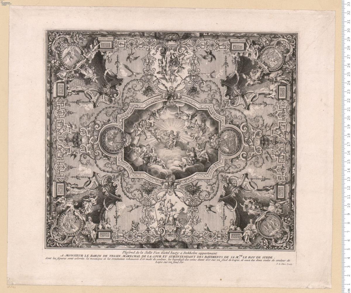 (2) Plafond de la Salle d'un hostel basty a Stokholm appartenant A Monsieur Le Baron De Tessin ... S. le Clerc Sculp.t