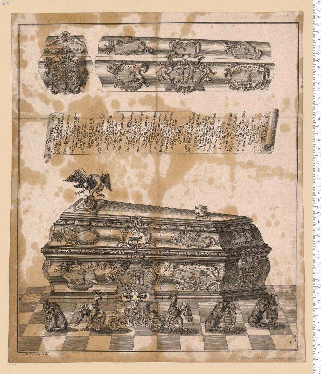 Sarg der Fürstin Sophie Friederice Albertine von Anhalt-Bernburg (gest. 1759), mit Inschriften Müller inv. et del.