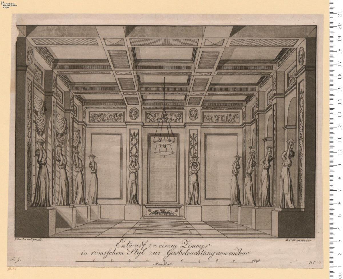 Entwurf zu einem Zimmer in römischem Styl zur Gasbeleuchtung anwendbar. Erfunden und gemalt. M. C. Gregorovius.