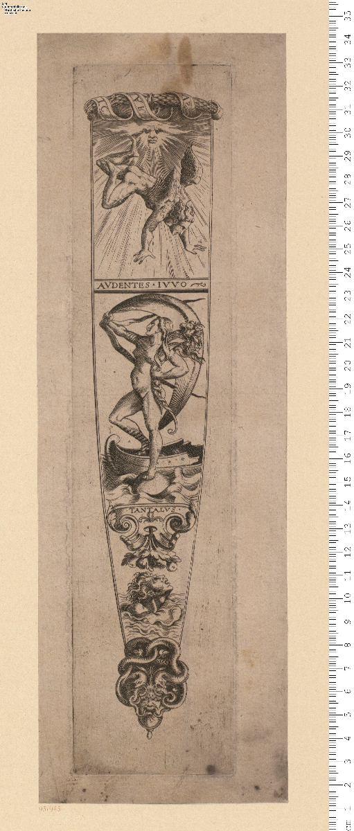 1 Blatt Dolchscheide mit mythologischen Figuren: Ikarus, Fortuna, Tantalus