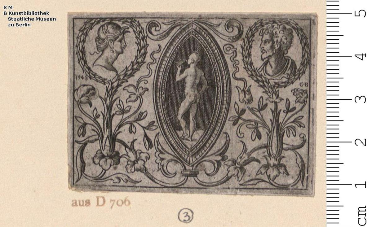 (3) 2 Blatt (davon 1 Blatt Nachbildung) vielleicht einer Folge: Querfüllungen, auf dem einen inmitten Gemme mit nacktem Mann, auf dem anderen fischschwänziger Mann, beide bez: C-B 1548.