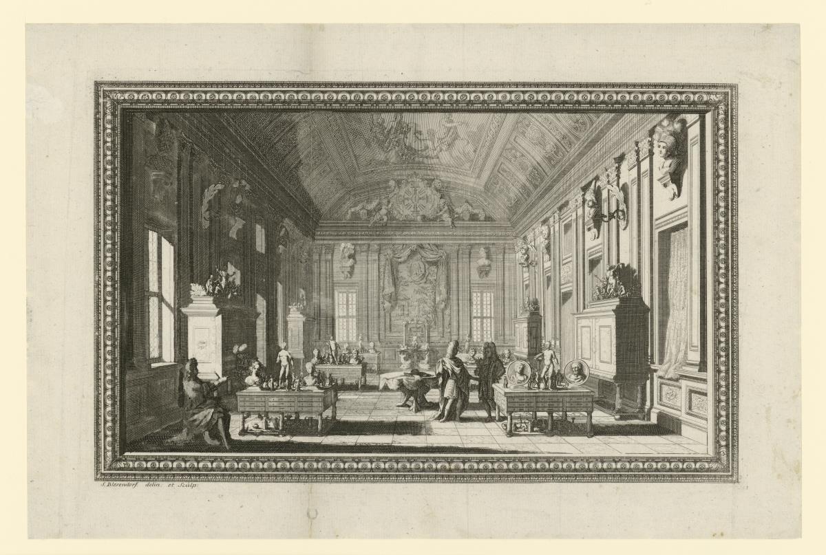 Aus: Thesaurus Brandenburgicus Selectus (Band 1) eine Ansicht der Berliner Kunstkammer, bez: S. Blesendorf del. et sculp.