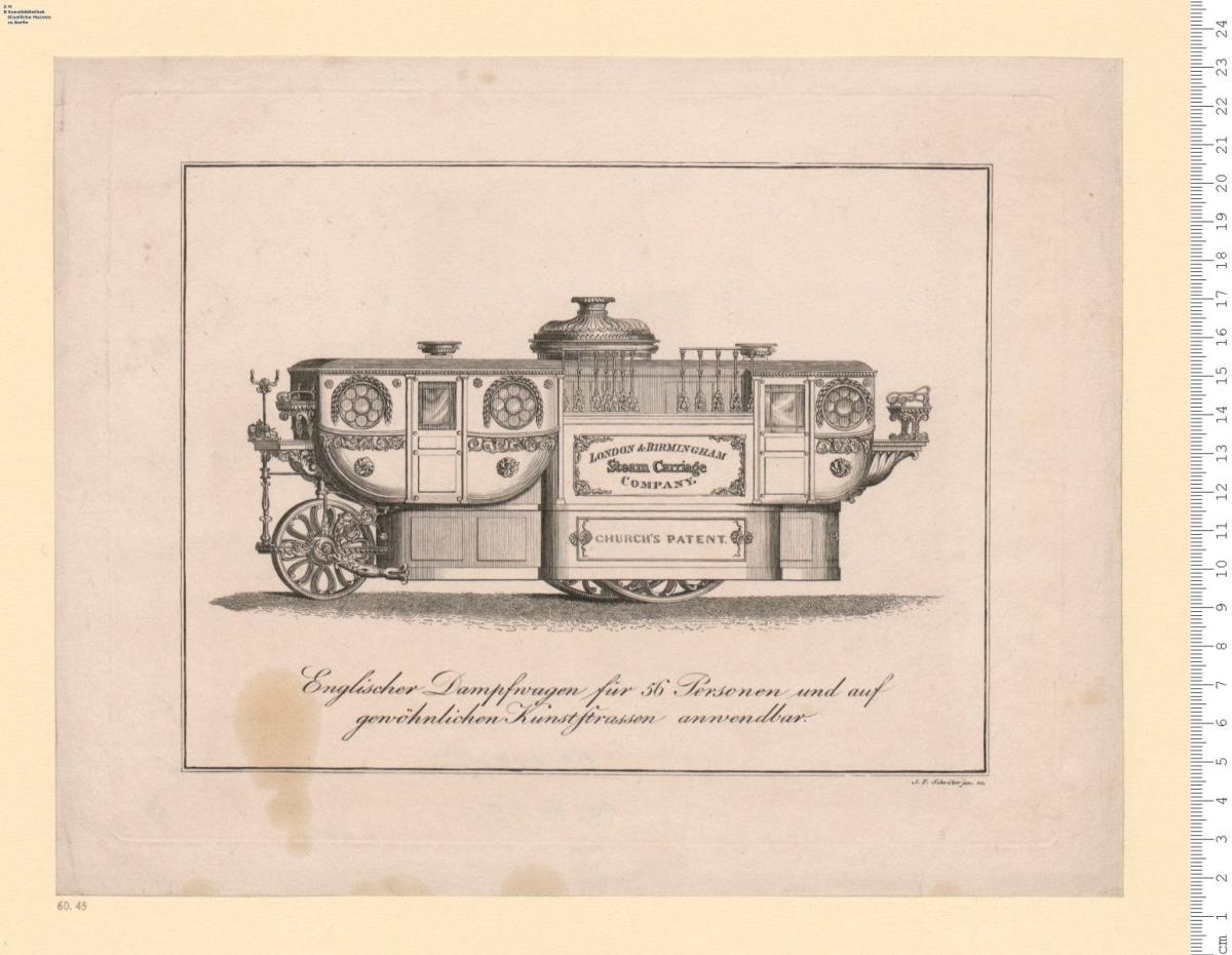 Englischer Dampfwagen für 56 Personen und auf gewöhnlichen Kunststrassen anwendbar. J. F. Schöter jun. sc.