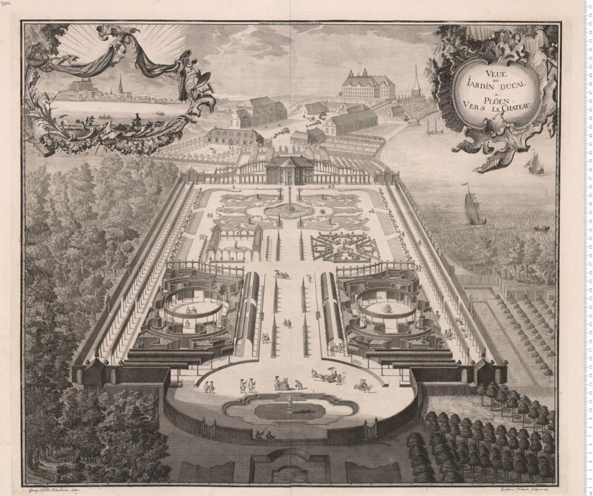 Veue Du Iardin Ducal A. Plöen Vers Le Chateau. Georg Died: Tschierscke. delin: Christian Fritzsch sculps: 1749.