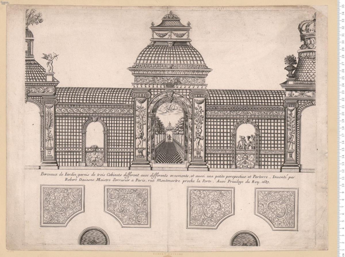 Berceaux de Iardin garnis de trois Cabinets different ... Inuenté par Robert Dauesne ... a Paris ... 1687.