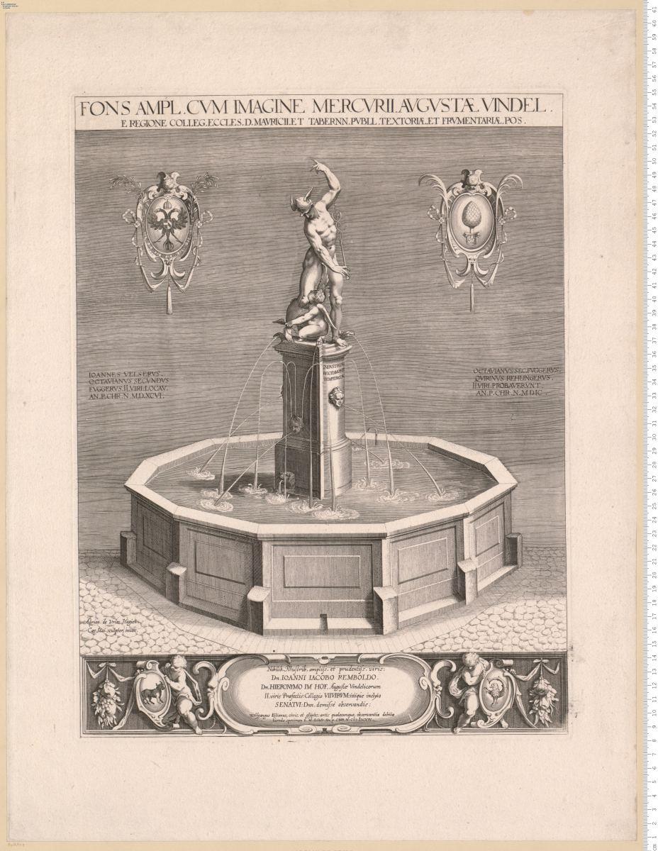 Brunnen in Augsburg: Fons Ampl. Cvm Imagine Mercvrii ... Adriaen de Vries ... sculptor, inuen. ... Wolfgangus Kilianus ... glyptes ... 1614.