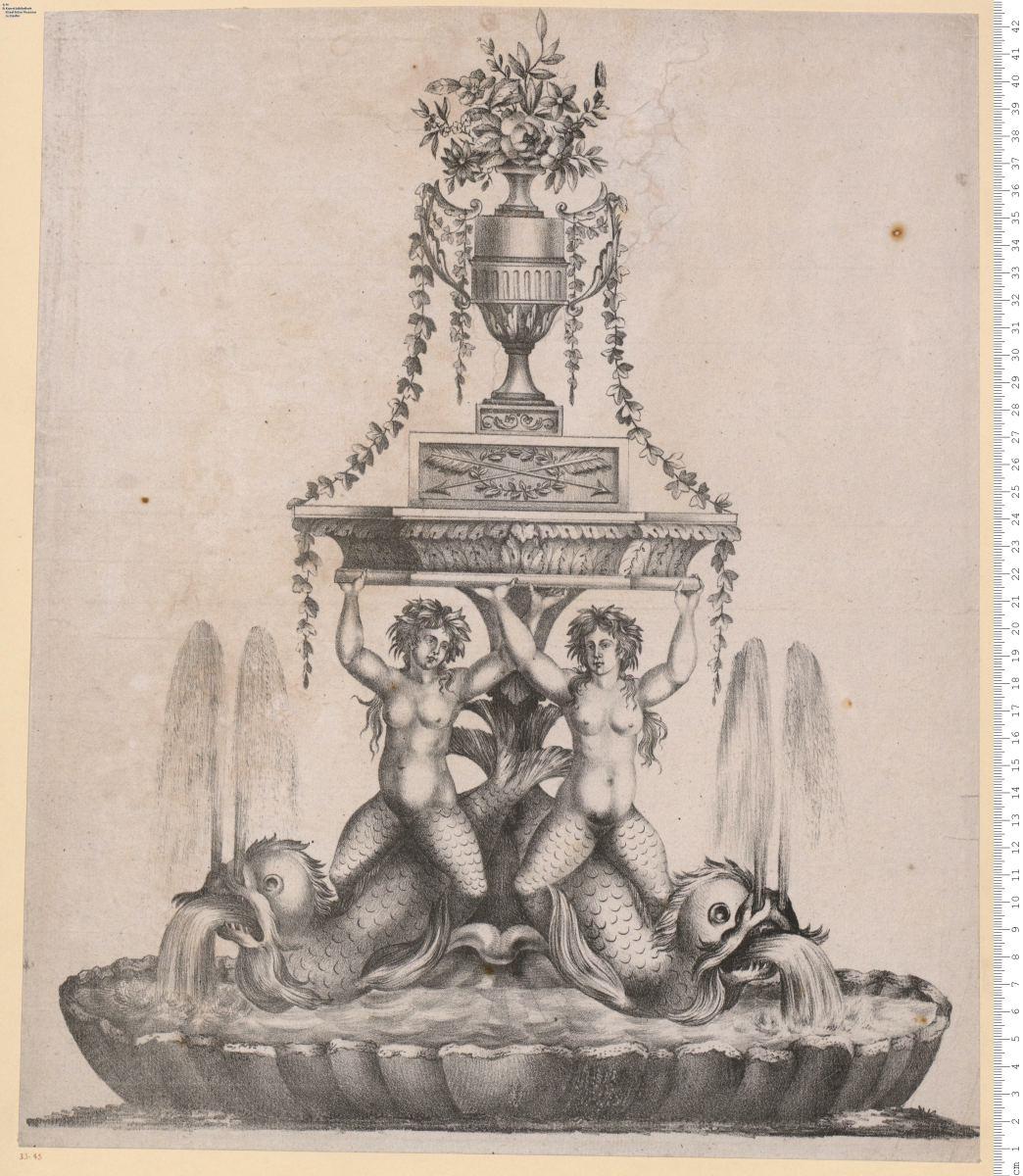 1 Blatt Steindruck: Füllung: Brunnen mit Delphinen und Najaden.
