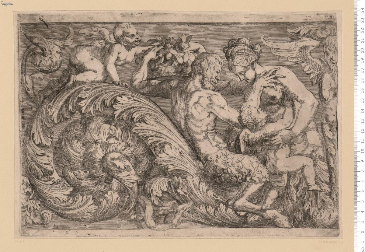1 Blatt Querfüllung, Akanthusranke mit Satyr, Weib und zwei geflügelten Knaben. Bez: A F. B. XX 108 Nr. 19.