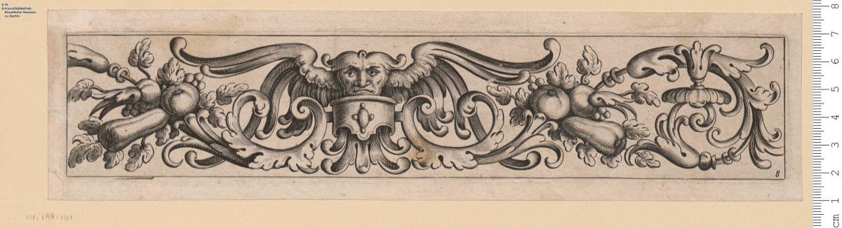 6 Blatt einer Folge: Friese: Rankenwerk mit Fruchtbündeln, Masken, Kindern u. a., Nr. 1, 2, 5-8. Blatt 1 bez: C I Vißcher (zsgz.) excudit.