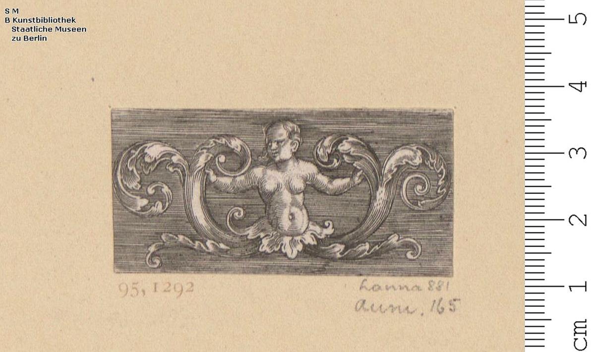 1 Blatt Fries, weibliche Halbfigur, in zwei Ranken endigend, unbez. (Aumüller 165, aber mit Monogramm).