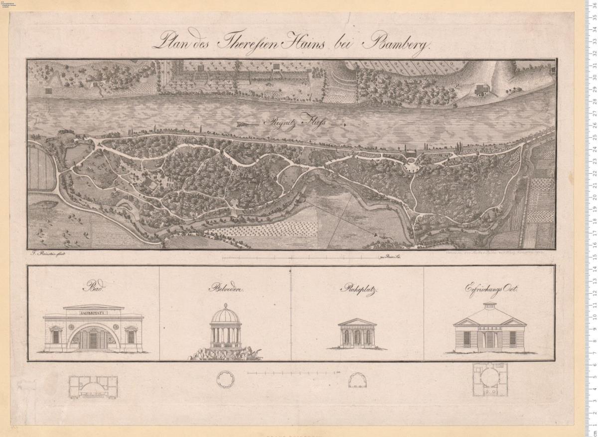 Plan des Theresien Hains bei Bamberg. F. Reinstein fecit (Zusatz:) Vermessen von Martin v. Reider und Franz Reinstein 1814 (schriftlich von der Hand des M. v. Reider).