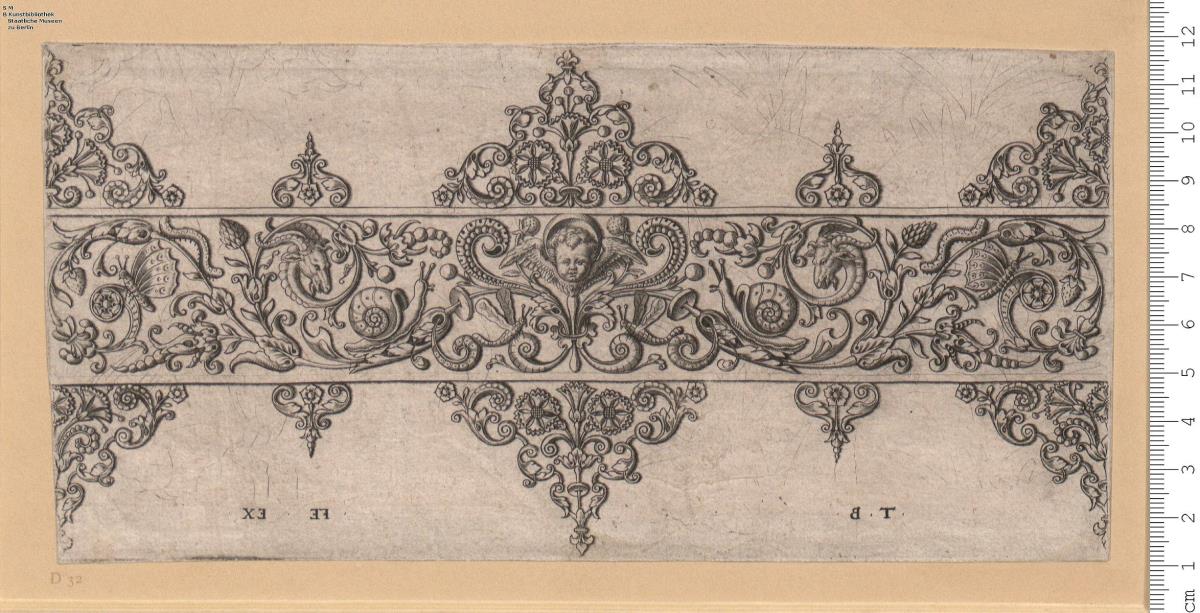 Spitze^BF Vnd Lavbwerck, Fvr Die Goltschmit. Grotis et point pour grauer Basin aegir tafs et fallir pour les orfeure et aultre artifsien 1589. Theodor de Bry fecit et excu.