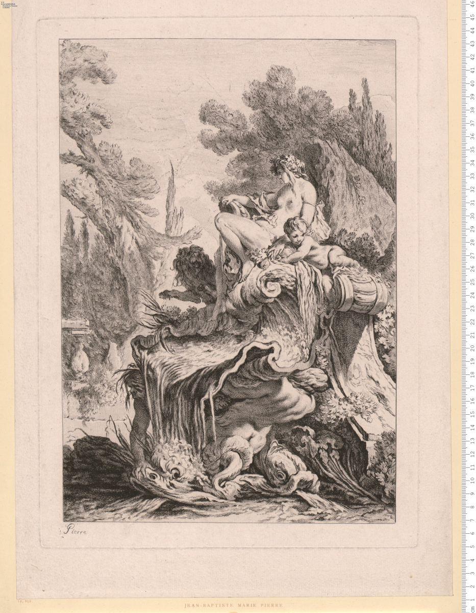 Brunnen mit Figuren in Landschaft, bez: Pierre.