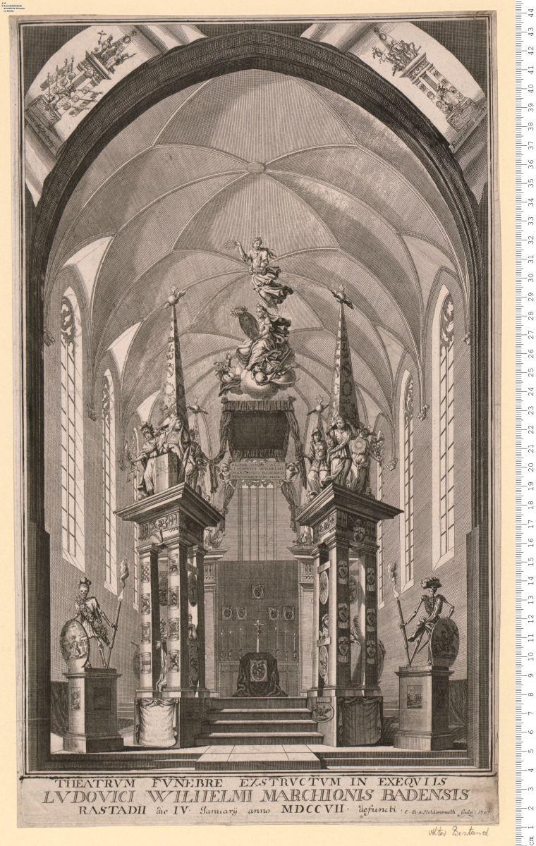 Theatrvm Fvnebre Exstrvctvm in Exeqviis Lvdovici Wilhelmi Marchionis Badensis ... 1707 defuncti (bez:) E. B. a. Heldenmuth Sculp: 1707.