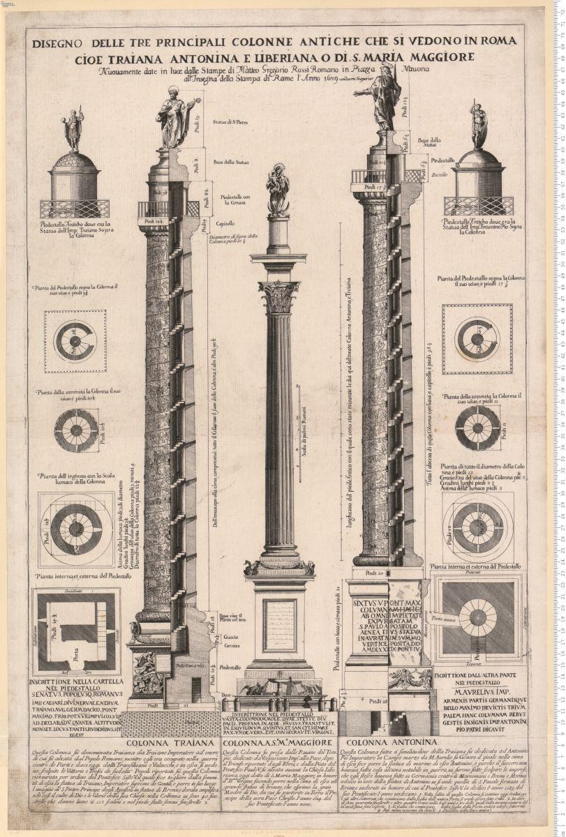 Disegno Delle Tre Principali Colonne Antiche Che Si Vedono In Roma Cioe Traiana Antonina E Liberiana O Di . S. Maria Maggiore Nuouamente date in luce dalle Stampe di Matteo Gregorio Rossi Romano ... 1689 ...