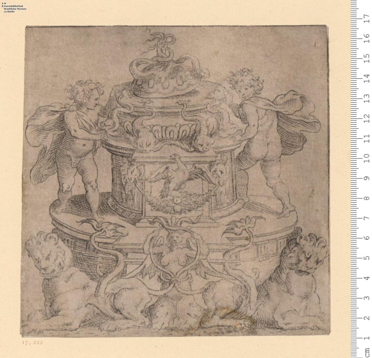 1 Blatt Tintenfaß, getragen von Löwen und gehalten von 2 Putten