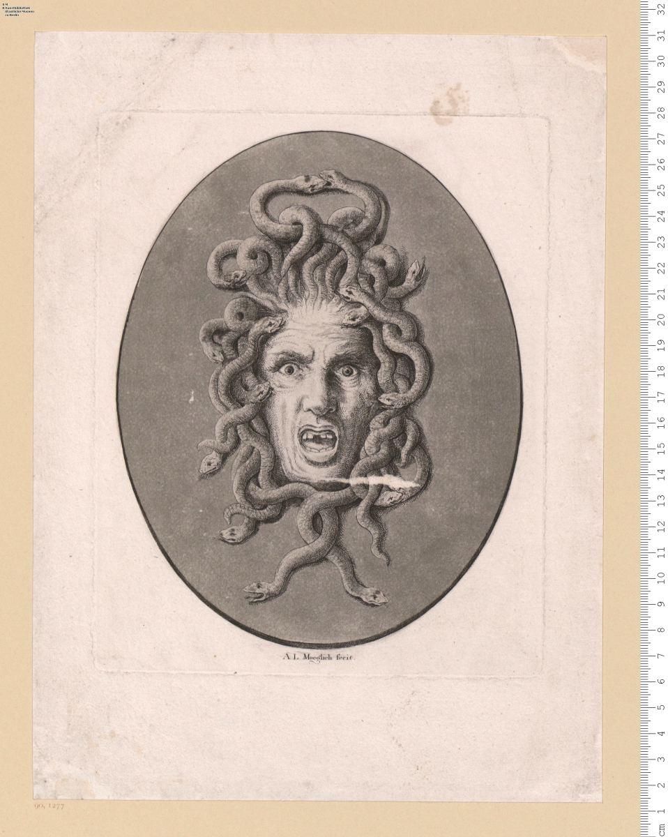 Medusenmaske auf ovalem Schild (nach A. Quellinus). A. L. Moeglich fecit.
