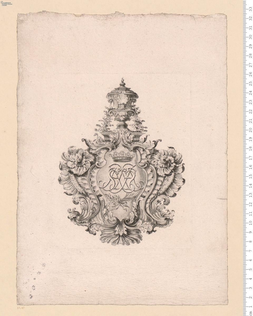 1 Blatt Kartusche mit Monogramm und Krone.