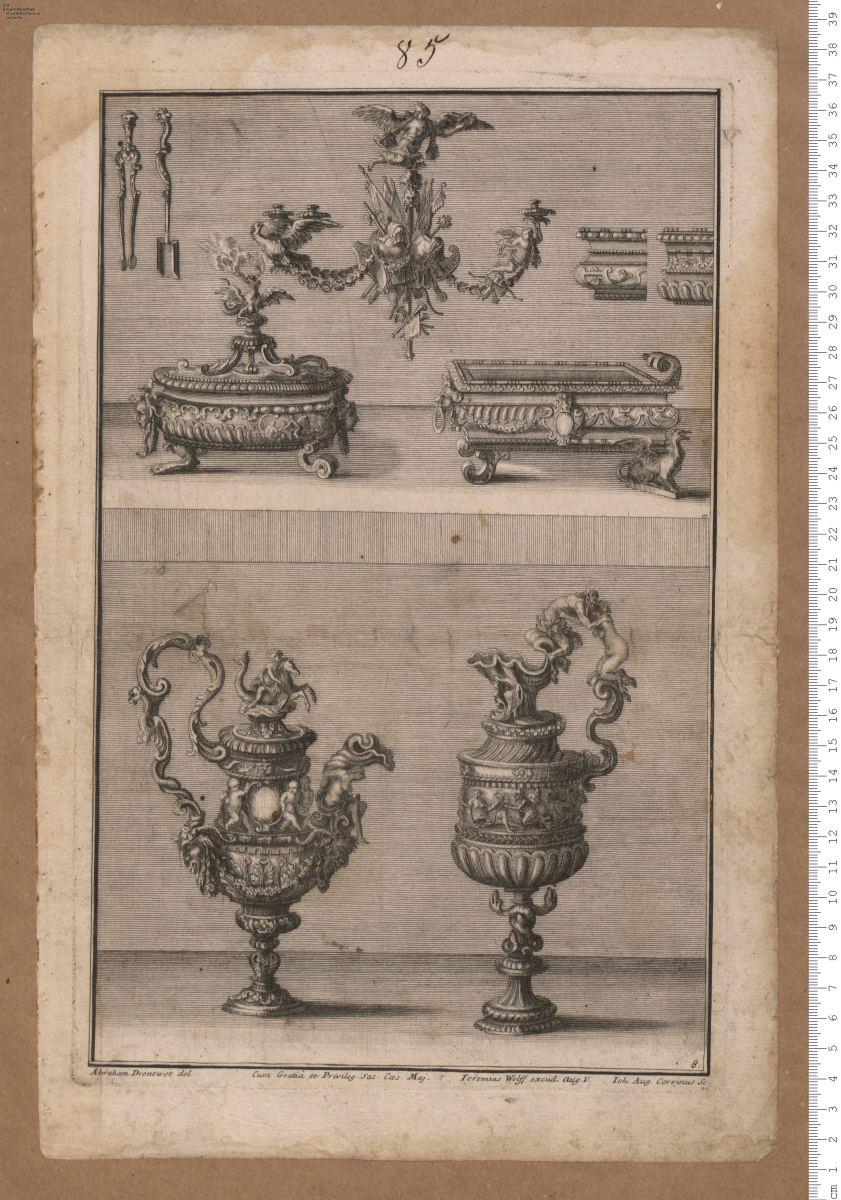 Drei Blatt Möbel- und Ausstattungsentwürfe aus: Neue Inventiones von unterschidlich nüzlicher Silber-Arbeit ... gezeichnet von Abraham Drentwet in Augsburg. Ins Kupffer gebracht durch Ioh: August  Corvinum, und daselbst verlegt von Jeremias Wolff ...