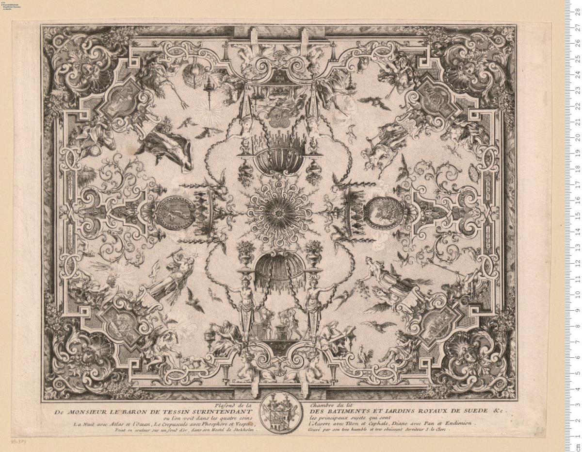 (1) Plafond de la Chambre du lit De Monsieur Le Baron De Tessin ... dans son Hostel de Stokholm. Gravé par ... S. le Clerc.