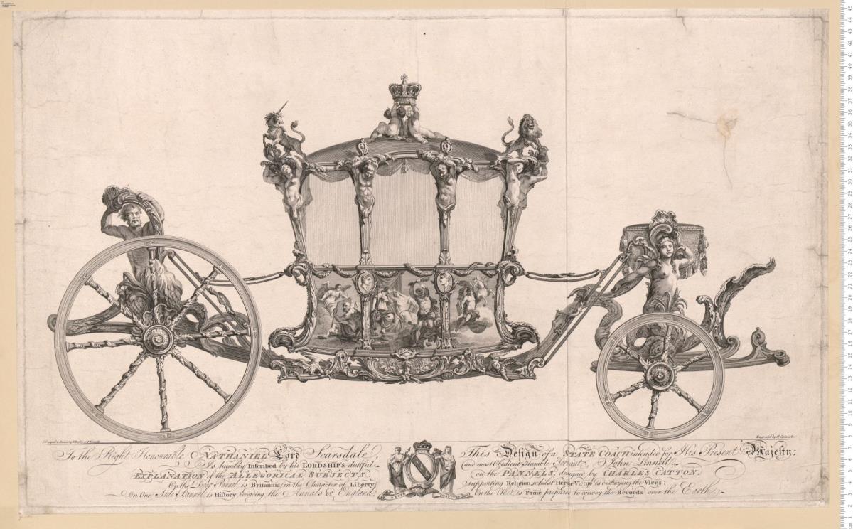 1 Blatt Prunkwagen: Design'd & drawn by S Butler & J Linnell. Engrav'd by P,, C,, Canot. To ... Nathaniel Lord Scarsdale This Design ... Is humbly Inscibed by ... John Linnell. Explanation of the Allegorical Subjects on the Pannels, designed by Charles Catton ...