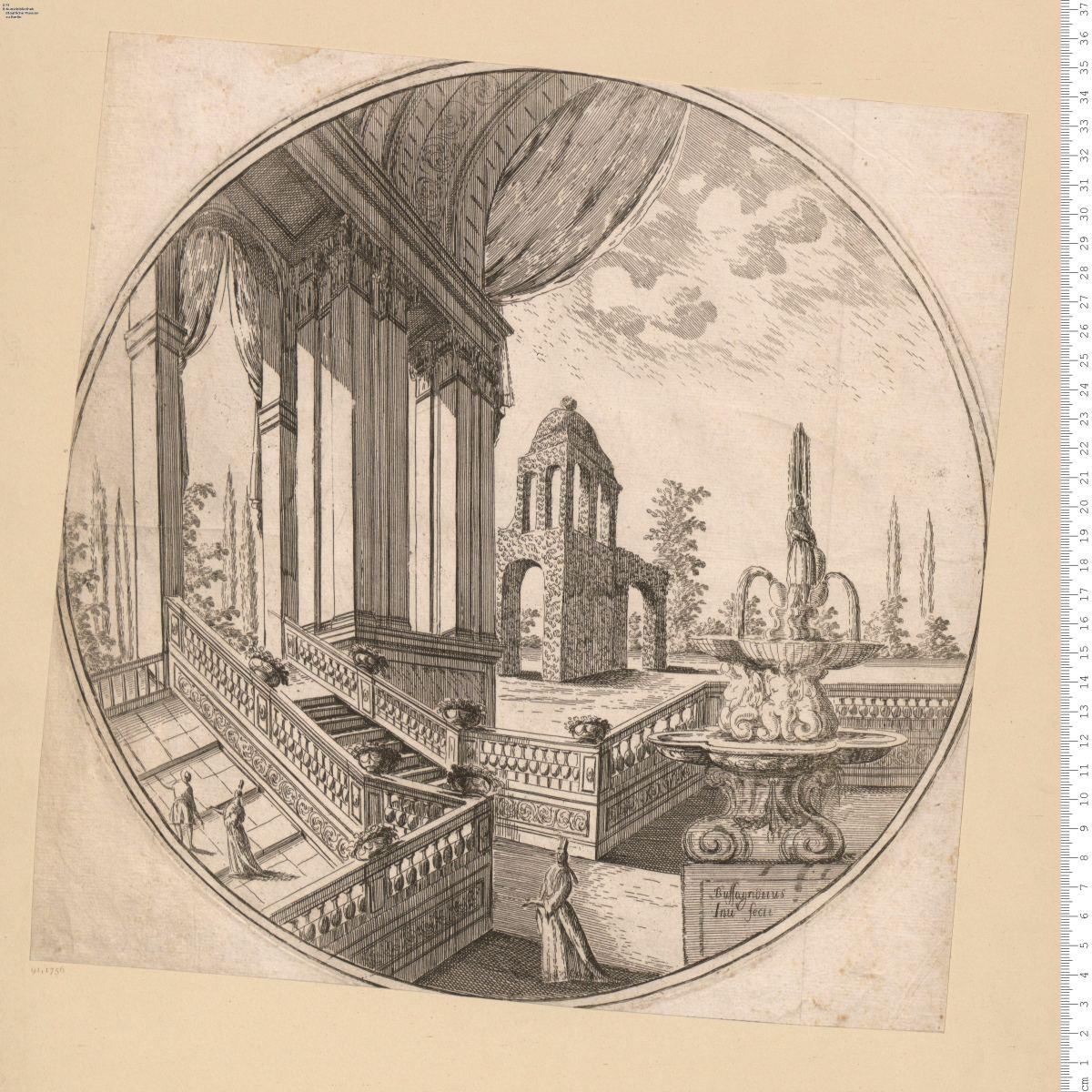 Architekturbild in Rund: Terrasse mit Halle und Brunnen. Buffagnottus Inu. fecit.