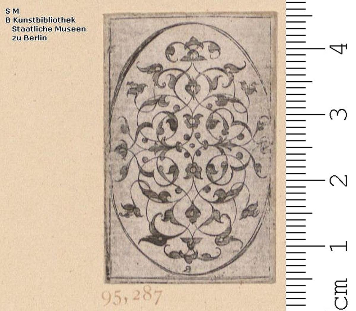 1 Blatt Maureske in Hochoval, schraffiert auf weißem Grund, unten bez: R (in Spiegelschrift).
