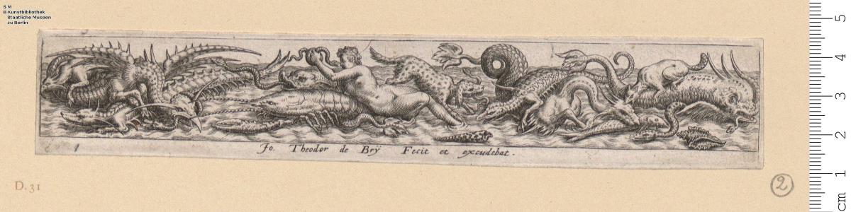 2 Bl. einer Folge von Friesen: Fische, Reptilien und phantastische Meerwesen, in der Mitte je eine menschliche Figur, bez: Jo. Theodor de Bry^B4 Fecit et excudebat (Nr.1) bzw. de bry fe: et excu (Nr.) 3.