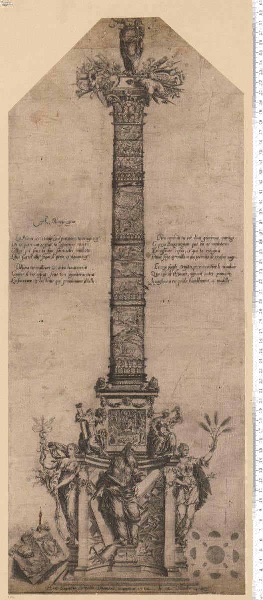 Ehrensäule. Auf dem Kapitell die Justitia mit Trophäen; am Sockel Moses mit den Gesetzestafeln und vier allegorischen Figuren. Hvg. Sambin ... Architecte Dijonnois inuenteur 1588.