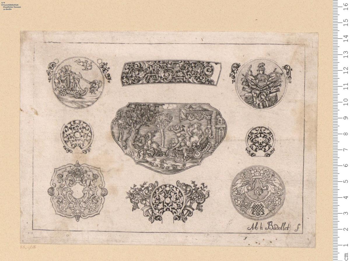 1 Blatt Uhrteile und Dosendeckel in der Art des Bourdon