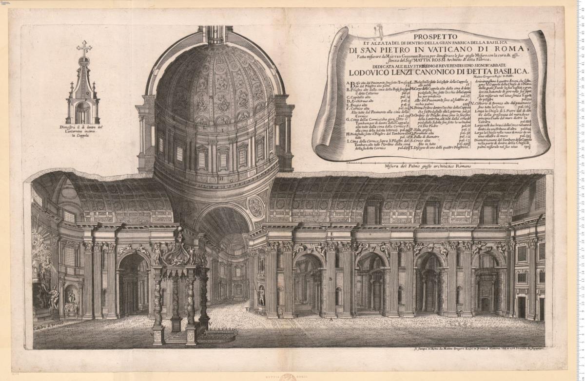 Prospetto Et Alzata Del Di Dentro Della Gran Fabrica Della Basilica Di San Pietro In Vaticano Di Roma, Fatta misurare da Matteo Gregorio Rossi ... con la cura, & assistenza del Sig.re Mattia Rossi ... si stampa in Roma da Matteo Gregoro Rossi ... 1682 ...