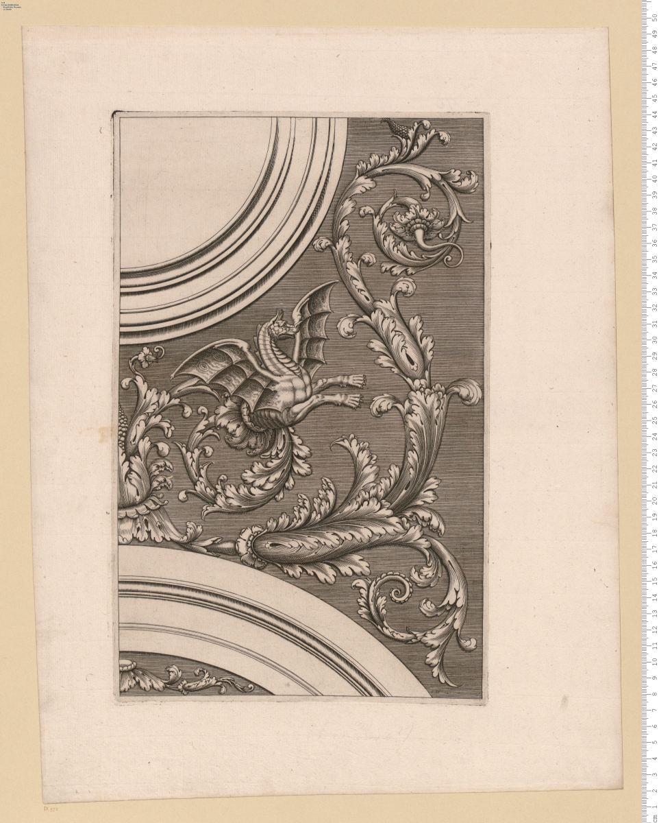 (2) 1 Blatt grosse Akanthusranke mit Greif in einer zwickelförmigen Füllung; bez: C. D. (Caesar Dominicus); ähnlich dem vorigen Blatt.
